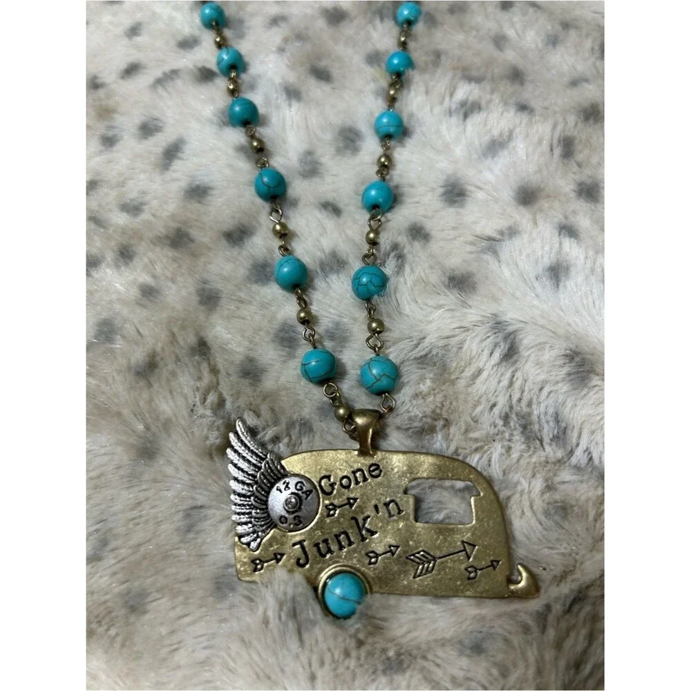 Turquoise Bead Necklace Gone Junk'n Camper 34” + extender